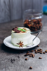 Panakota fresh cream dessert with chocolate on gray table.