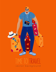 Trendy travel illustration with Lush Lava color. Excited happy man tourist with luggages. Concept of discovery, exploration, hiking, adventure tourism and travel.