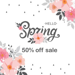 Hello Spring typography vector design for greeting cards and poster. Hand lettering text isolated on pink background. Design template celebration. Vector illustration.