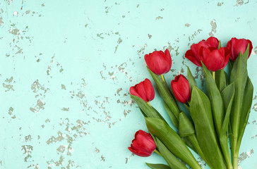 bouquet of red blooming tulips with green stems and leaves on a green cement background. Festive backdrop for birthday