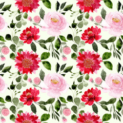 red pink watercolor floral seamless pattern