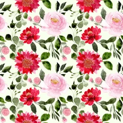 Deurstickers red pink watercolor floral seamless pattern © Asrulaqroni