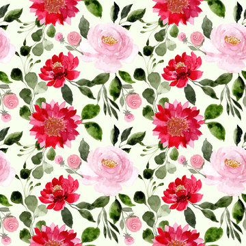red pink watercolor floral seamless pattern