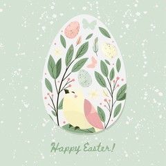 Happy easter design element. Egg with chick and flower, leaves, butterfly. Vector set