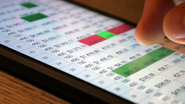 The hand (finger) work with phone touchscreen. Working with financial, economic tables. Table, finance, currency. Close up macro view. Concept. 