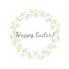 Easter wreath with flowers and eggs. Greeting card. The symbol of spring. Vector illustration.