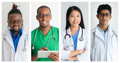 Fototapeta premium Content doctors with stethoscopes and tablet pc. Collage of professional cheerful multiethnic doctors standing and smiling at camera. Healthcare concept