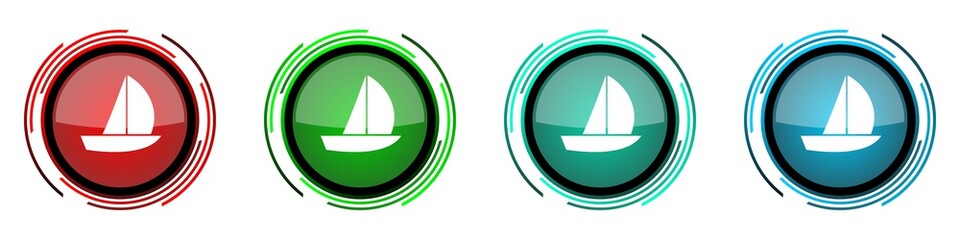 Yacht round glossy vector icons, set of buttons for webdesign, internet and mobile phone applications in four colors options isolated on white background