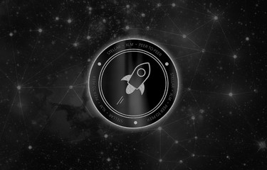 Stellar (XLM) digital crypto currency. Black coin in space among the stars. Cyber money. - 328301190