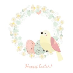 Easter wreath with flowers and eggs. Greeting card. The symbol of spring. Vector illustration.