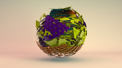 3D rendering of an abstract figure that consists of many colored polygons, elements, and fragments. A sphere torn to pieces in space.