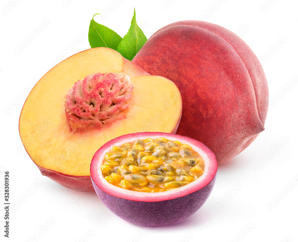 Poster isolated mixed fruits. cut peach and passion fruit isolated on white background with clipping path