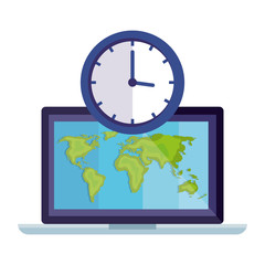 laptop with world map and clock design, Delivery logistics transportation shipping service warehouse industry and global theme Vector illustration