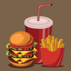 Fast Food Set of Hamburger with French Fries and Drink on a brown background.
