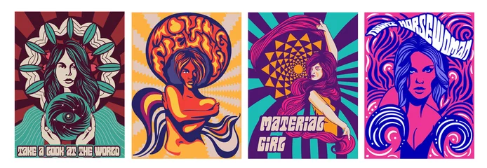 Fotobehang Set of four different covers or poster designs of psychedelic girls in modern stylised style, colored vector illustration © Rudzhan