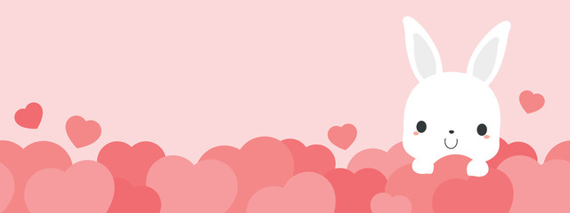 Cute white rabbit on pink heart bottom border with copy space. Perfect for Valentine's day. Flat vector illustration. 