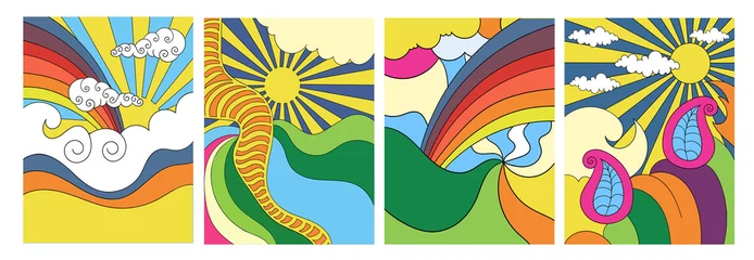 Satz von vier bunten stilisierten abstrakten psychedelischen Landschaften mit Sonne, Wolken und Regenbogen für Poster, Karten oder Umschläge, farbige Vektorillustration © 100% HAND-CRAFTED