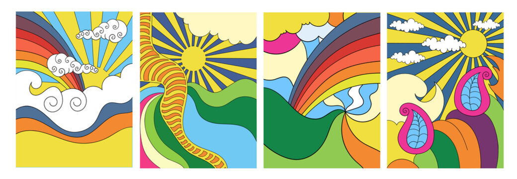 Set of four brightly colored stylised abstract psychedelic landscapes with the sun, clouds and rainbow for posters, cards or covers, colored vector illustration