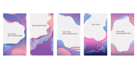 Set of four different wavy abstract pink through blue backgrounds in blended gradients with copy space for text on white, colored vector illustration