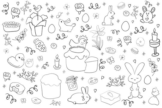 Big Set Happy Easter, Festively decorated Vector illustrations. Coloring page or book adult and kids.