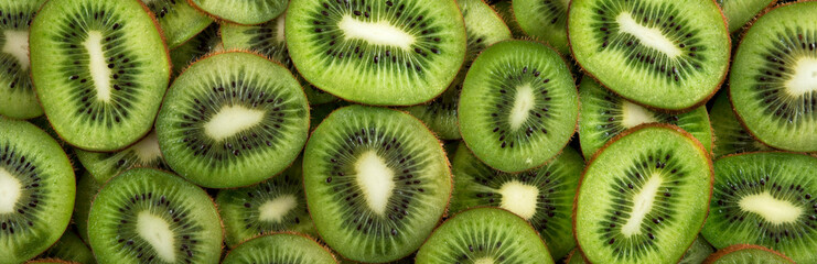 Slices of ripe kiwi. Background and texture. Panorama.