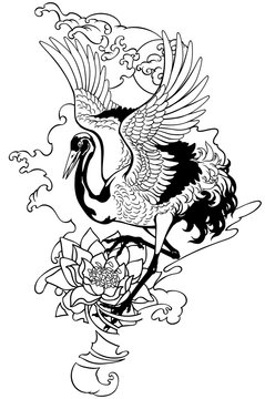 Dancing crane with red sun and water lily flower. Japanese red crowned bird. Black and white Tattoo. Isolated vector illustration