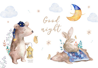 Cutr month with a sleeping bear. Hand drawn watercolor illustration isolated on white background