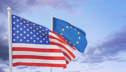 Political relationships. American and European Flag divided diagonally. Partnership and conflicts.