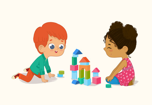 Preschool Red Hair Boy and African American Girl Kids playing with wooden bricks and blocks together in kindergarten room. Vector illustration isolated on white background