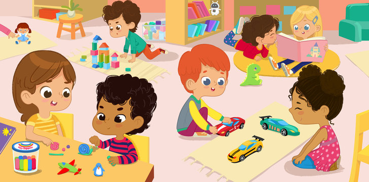 Illustration of the kindergarten class and children's activity in the kindergarten. Multicultural Kids reading books, playing with wooden blocks and toy cars, sculpt clay figures.