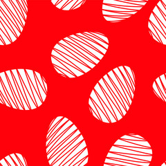 Seamless abstract pattern with Easter eggs in doodle style on red background. Hand drawn vector illustration. 