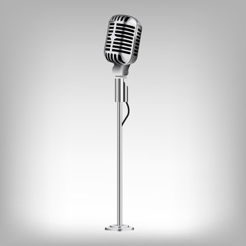 Vintage metal studio microphone isolated on red background vector illustration
