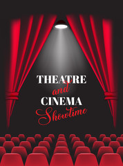 Background with red theatre curtain. Vector illustration