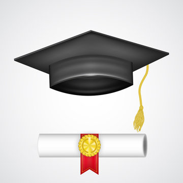 Square academic cap and scroll, typical american graduation hat isolated on white. School or college graduation ceremony uniform, education icon. Piece of a traditional gown - square-cap with tassel.