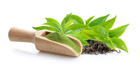 matcha green tea powder in wood scoop green tea leaf and dry  on white background