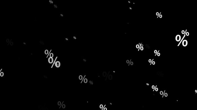 White Percent on Black Loop. Percentage symbol falling ,for ad , sale campaign, seamless loop black background.