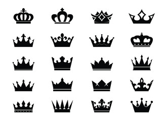 Set black vector king crowns and icon on white background. Vector Illustration. Emblem and royal symbols.