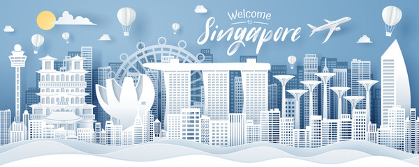 Paper cut of Singapore landmark, travel and tourism concept.