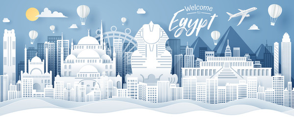 Paper cut of Egypt landmark, travel and tourism concept.