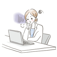 パソコン　女性　白衣　憂鬱