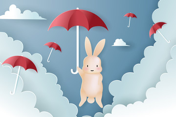 Red paper umbrella floating with bunny on in the air blue sky background for Valentine's day, Birthday, Anniversary and celebration concept.