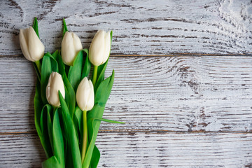 white tulips on wooden table