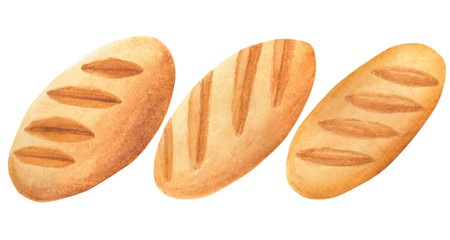 Watercolor bread, baguette, bun. Fresh bakery. Cereal products. Illustration for cartoon, paper, textile, decoration, gifts. Cafe elements.