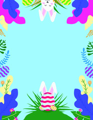 Layout of Easter Day vector concept with a rabbit smiling upside down upon an egg, isolated in blue background full of leaves