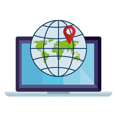 Gps mark and global sphere in front of laptop design, Map travel navigation route road location technology search street and direction theme Vector illustration