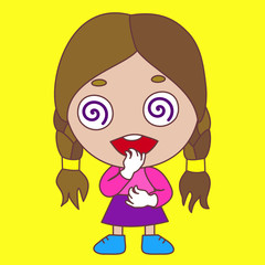 girl that is expressing overwhelming joy with wide smile and hypnotized spiral eyes, simple colored emoticon, vector emoji in color, funny cartoon character from a set