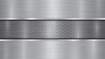 Background in silver and gray colors, consisting of a perforated metallic surface with holes and two horizontal polished plates located above and below, with a metal texture, glares and shiny edges