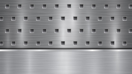 Background in silver and gray colors, consisting of a perforated metallic surface with holes and one horizontal polished plate located below, with a metal texture, glares and shiny edges