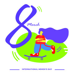 International Women's Day vector concept with a female teenager character skating and smiling