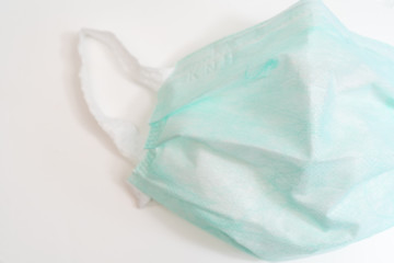 Surgical mask with rubber ear straps. Typical 3-ply surgical mask to cover the mouth and nose. Procedure mask from bacteria. Protection concept.